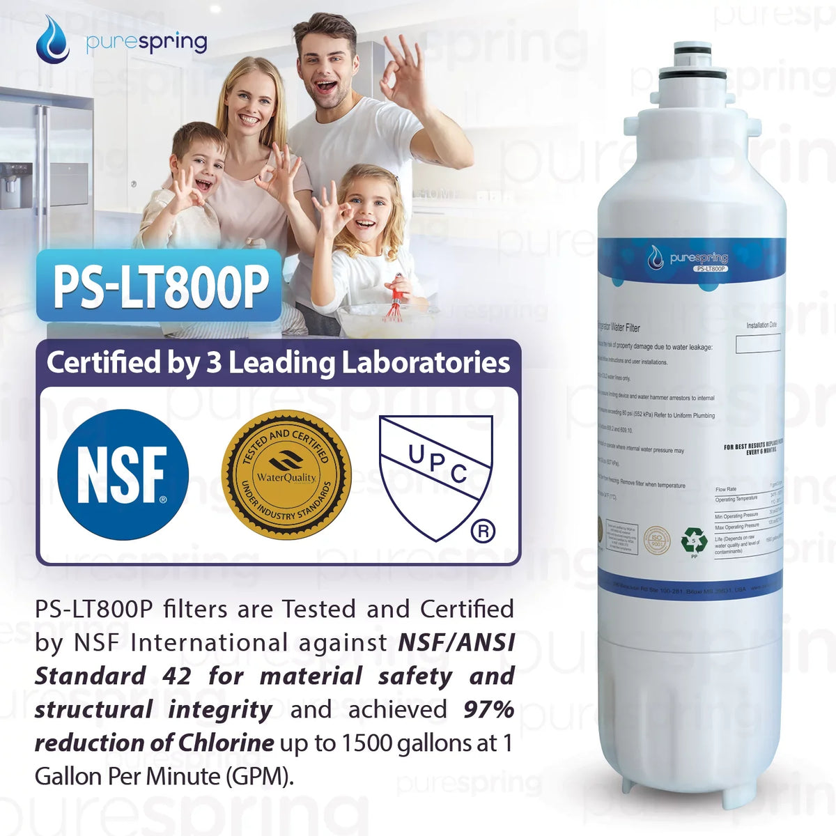PureSpring NSF 42 Certified Refrigerator Water Filter, Compatible with LG LT800P, LT800PC, ADQ73613401, ADQ73613402, ADQ73613403, Kenmore 9490, 46-9490, 469490 (1 Pack)