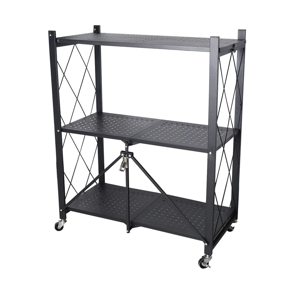 Miumaeov 3-Tier Kitchen Foldable Metal Rolling Trolley Cart Movable Utility Rack Storage Shelves Holder with Wheel Midnight