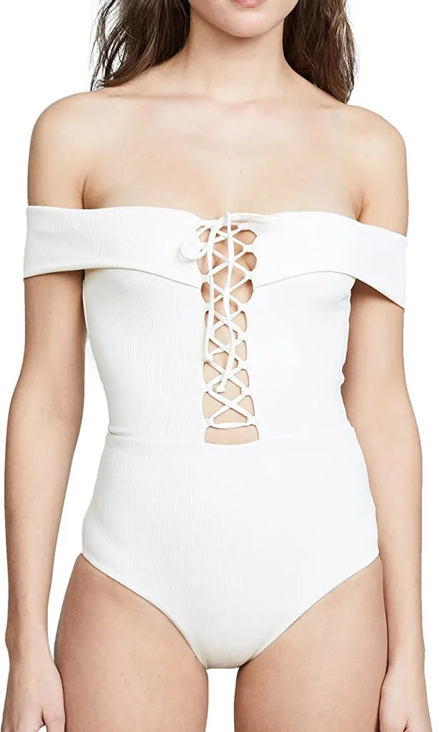 L*Space CREAM Anja Lace-Up Bandeau One Piece Swimsuit, US 6