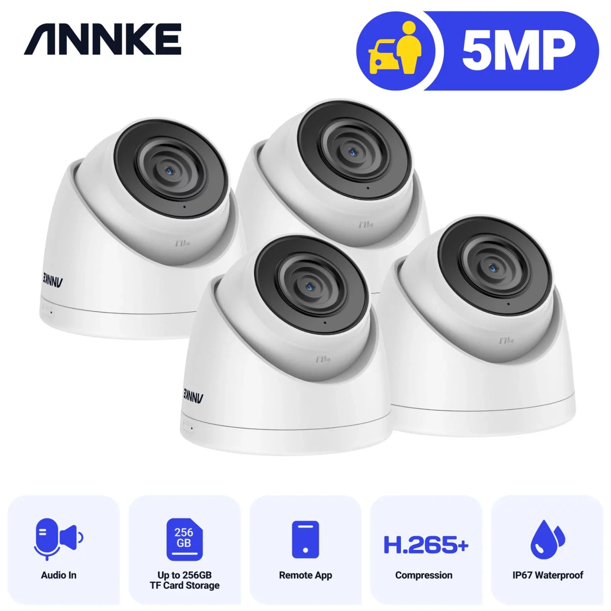 ANNKE 4-Pack 3K Ultra HD PoE IP Security Camera AI Human Vehicle Detection, 4mm Lens, 100Ft IR Night Vision, IP67 Weatherproof, Remote Access, Motion Alerts, Up to 256GB SD Card