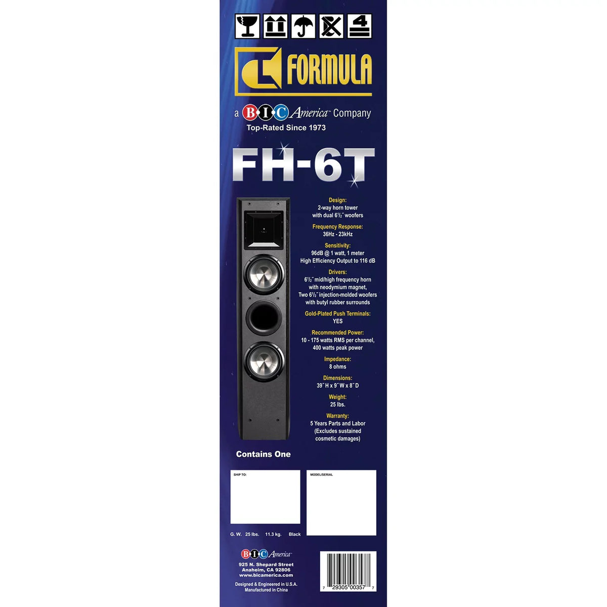 Bic America Fh-6t Formula Series Fh-6t Dual Centimeter 400-watt 2-way Slim Tower Speaker
