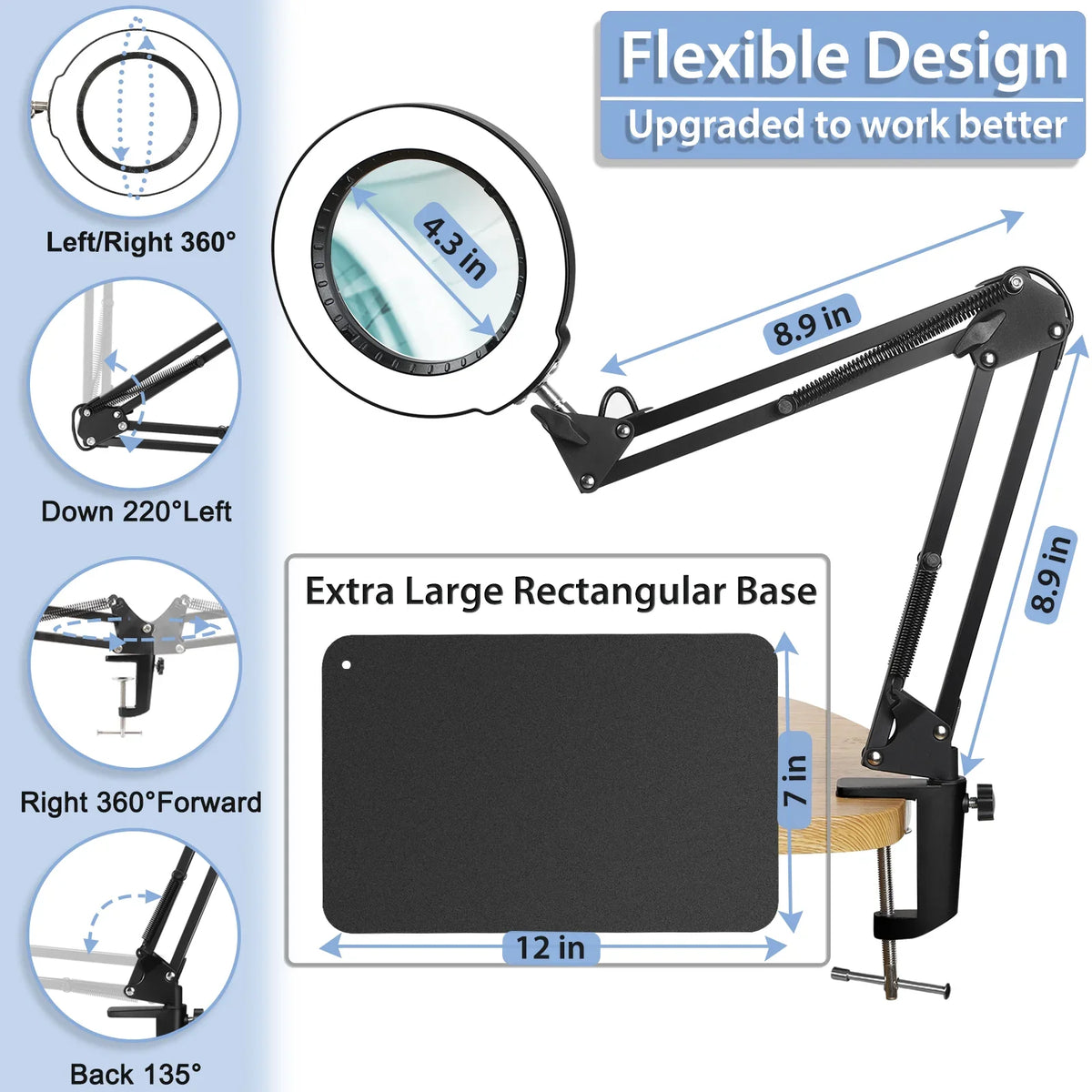 10X Magnifying Glass with Light and Stand, 2-in-1 LED Magnifying Desk Lamp with Clamp, 5 Color Modes Stepless Dimmable, Hands Free Lighted Magnifier for Craft, Painting, Close Work, Sewing
