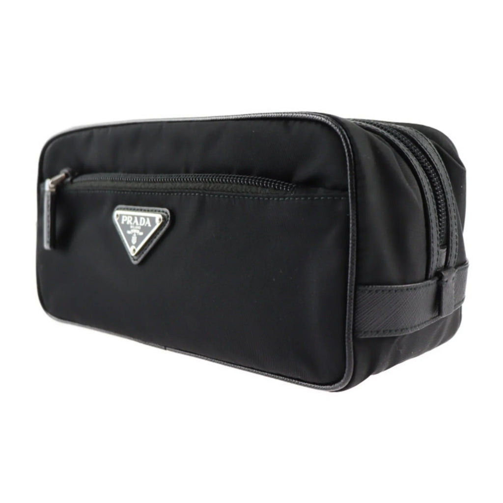 Pre-Owned PRADA Prada second bag 2NA819 nylon leather Dark silver hardware clutch handbag triangle logo (Good)