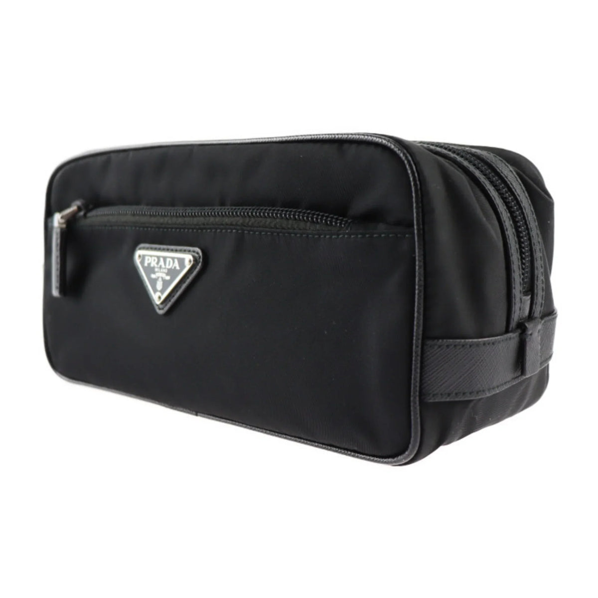 Pre-Owned PRADA Prada second bag 2NA819 nylon leather Dark silver hardware clutch handbag triangle logo (Good)