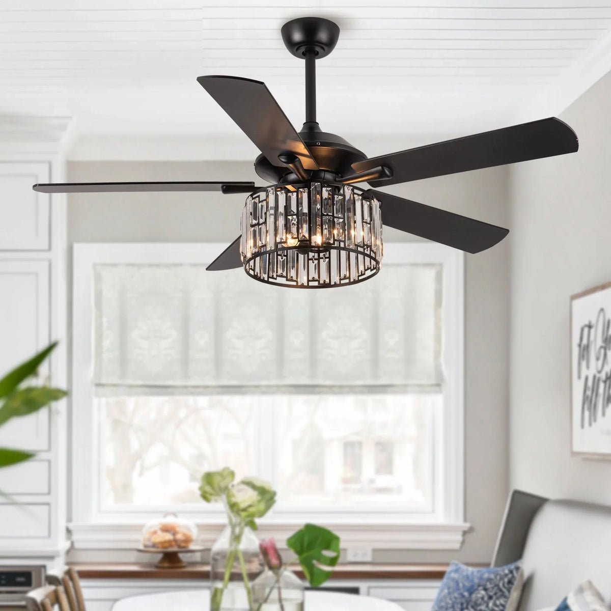 Parrot Uncle 52" Matte Midnight Wood 5-Blade Crystal Ceiling Fan with Remote