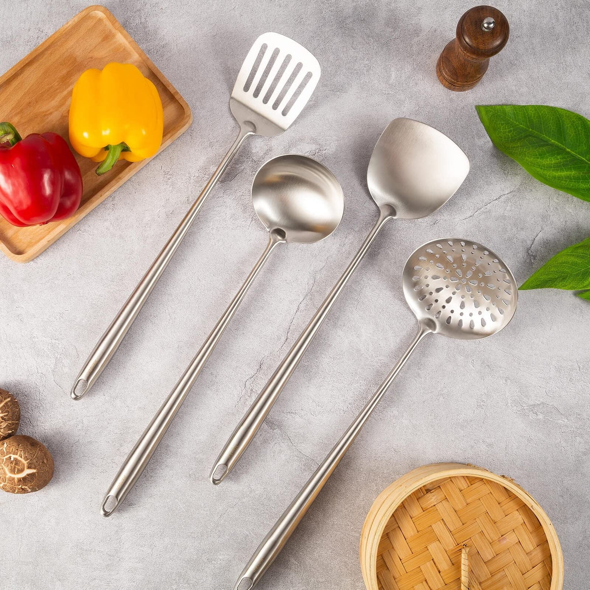 Stiwee 2024 Newest Sale Cooking Equipment Cooker Unit Wok Spatula And Ladle Skimmer Spoon Slotted Spatula 304 Stainless Steel Kitchen Utensils Set 4Pieces All Metal Extra Long Handle Cooking Tools