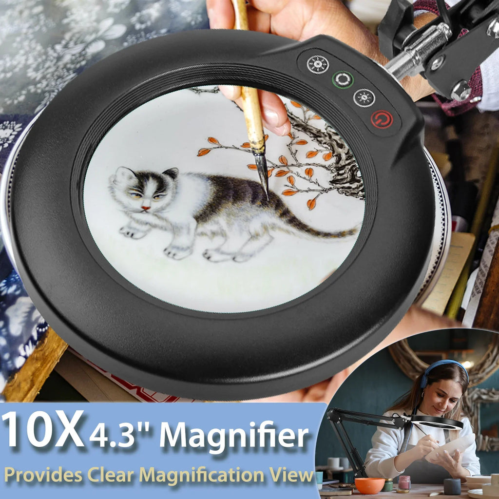 10X Magnifying Glass with Light and Stand, 2-in-1 LED Magnifying Desk Lamp with Clamp, 5 Color Modes Stepless Dimmable, Hands Free Lighted Magnifier for Craft, Painting, Close Work, Sewing