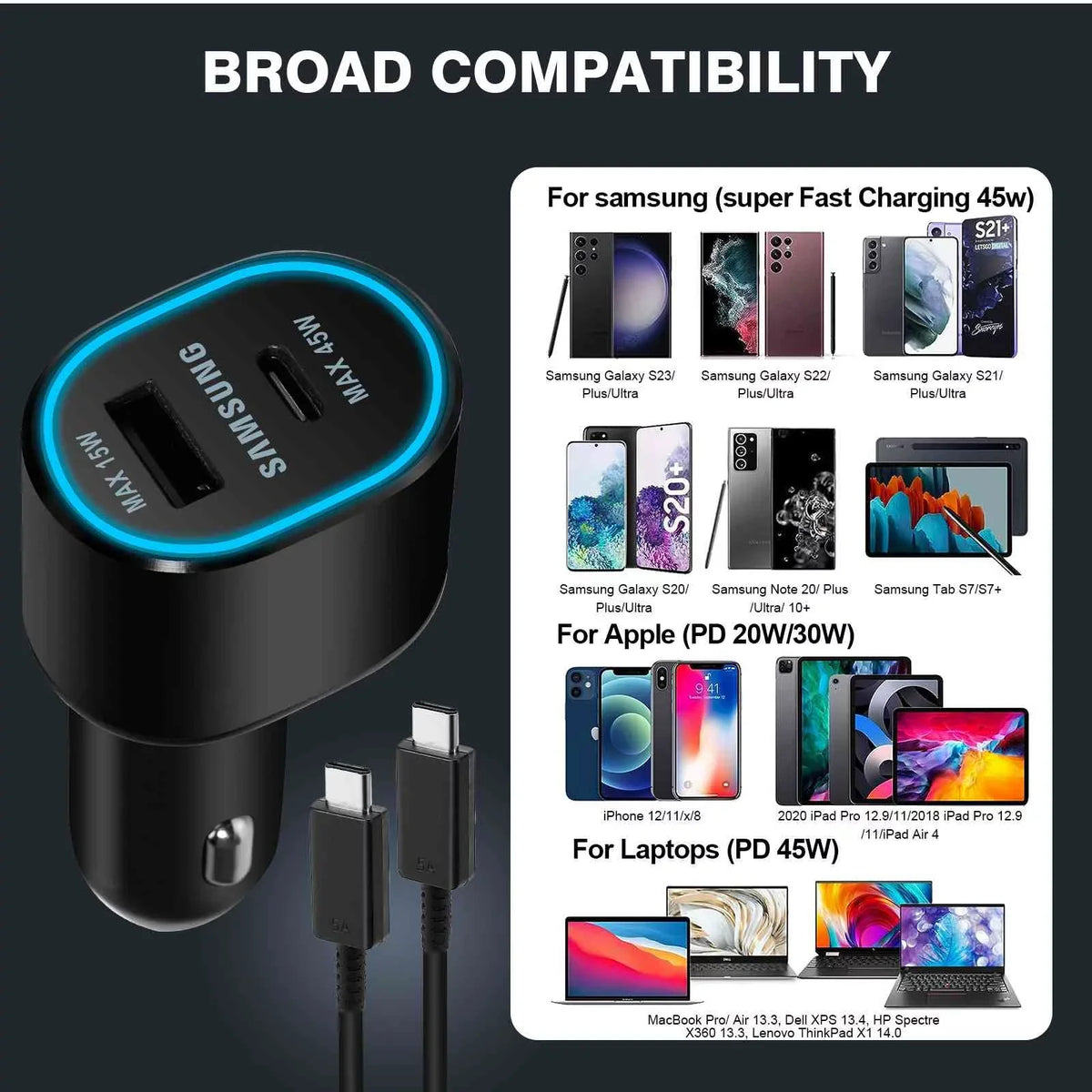 Super Fast Dual Car Charger Usb (45W+15W) Two Ports EP-L5300 Dark for Lenovo Legion Y700 (2023)