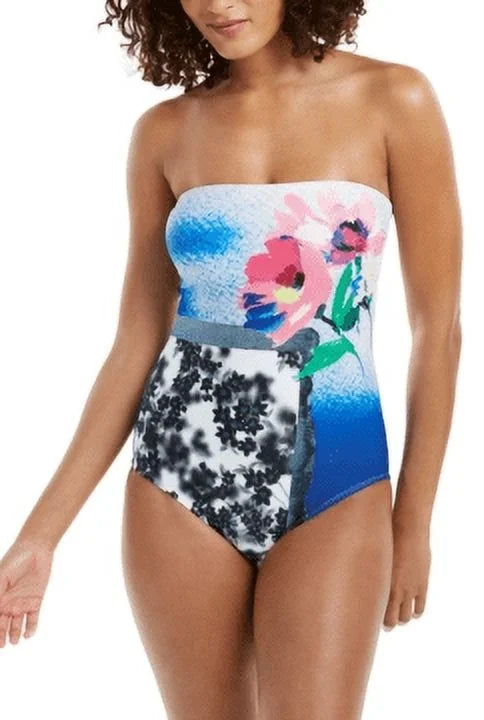 Calvin Klein ATLANTIS MULTI NEON STRIPES Bandeau One-Piece Swimsuit, US 16