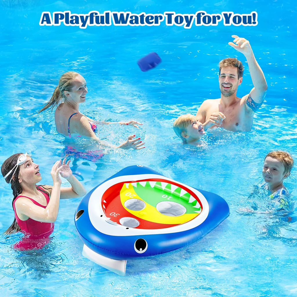 MoKo Pool Shark Ring Toss Games Toys with 8 Sandbag, Summer Inflatable Floating Toy for Kids Adults Family Party Water Carnival, Blue