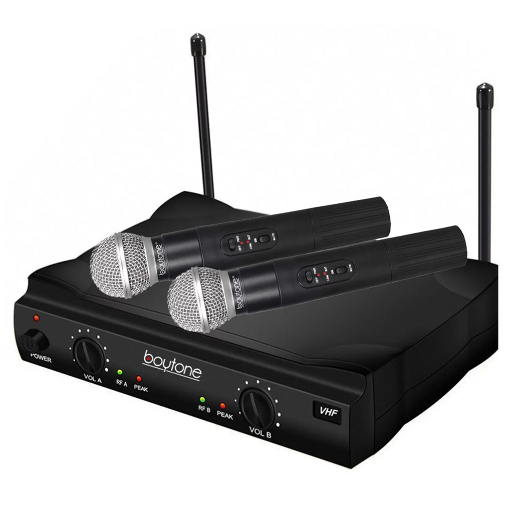 Boytone BT-42VM Dual Channel Wireless Microphone System - VHF Fixed Dual Frequency Wireless Mic Receiver, 2 Handheld Dynamic Transmitter Mics, for Karaoke, DJ, Church, Conference, Carrying Cases