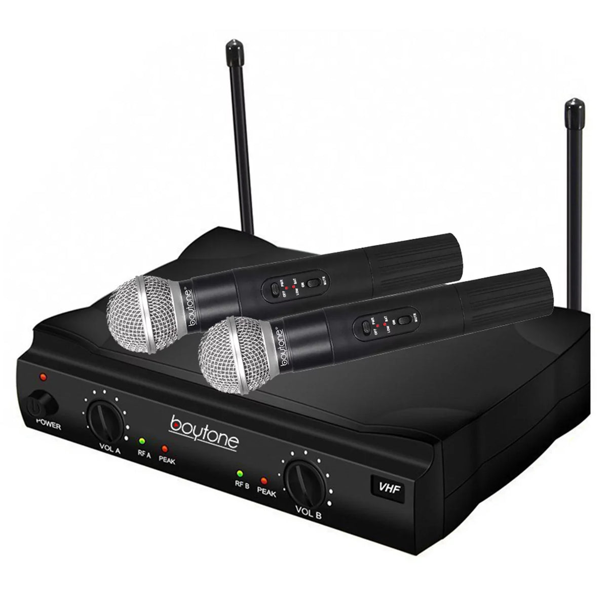 Boytone BT-42VM Dual Channel Wireless Microphone System - VHF Fixed Dual Frequency Wireless Mic Receiver, 2 Handheld Dynamic Transmitter Mics, for Karaoke, DJ, Church, Conference, Carrying Cases