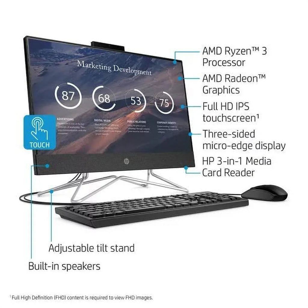 2022 Newest HP All-in-One Desktop, 22" FHD Touch Screen, AMD Ryzen 3 3250U, 12GB RAM, 512GB SSD, Webcam, DVD-RW, HDMI, RJ-45, USB Wired Keyboard&Mouse, WiFi, Windows 11 Home, Onyx