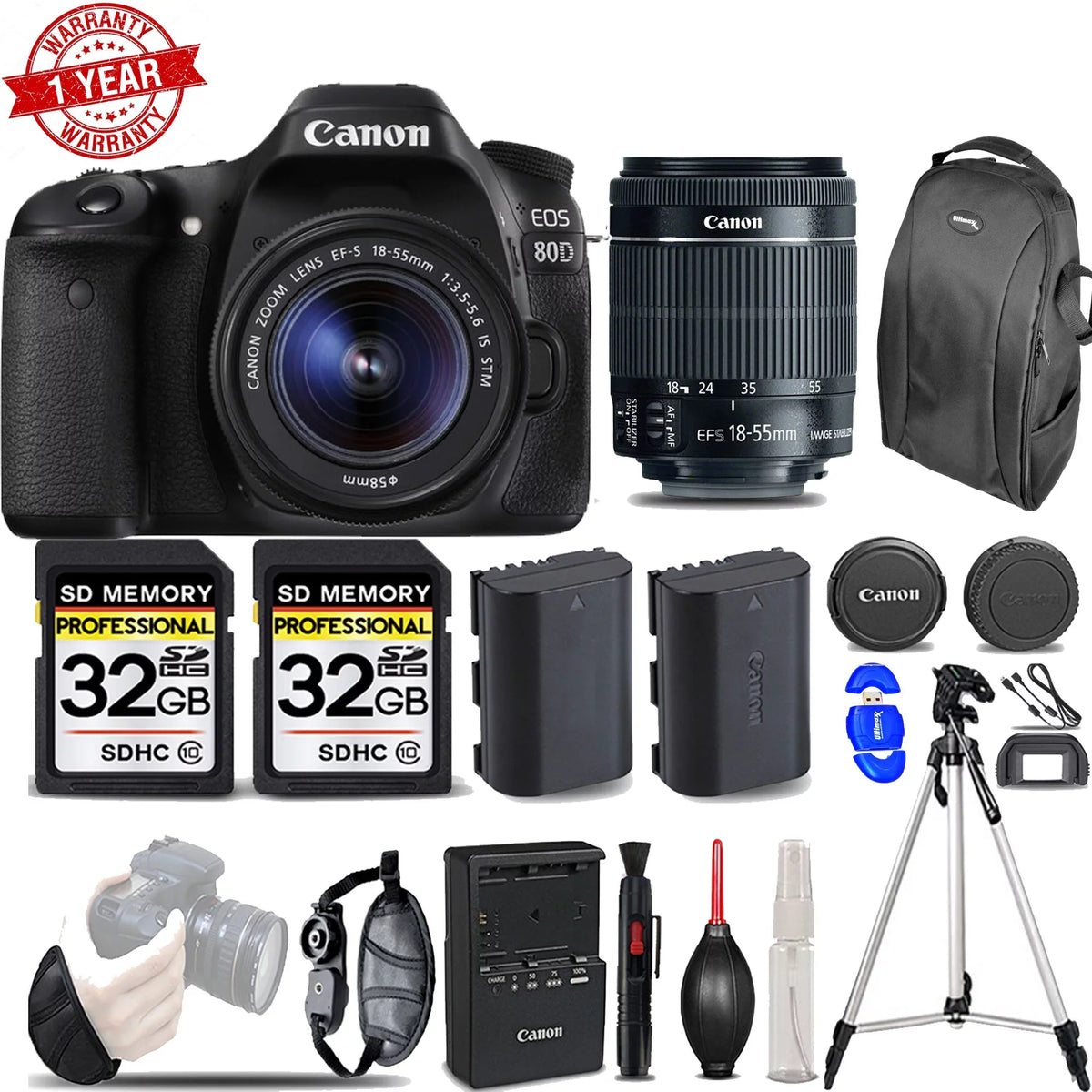 Canon Eos 80D DSLR Camera with 18-55mm STM Lens | Wrist Grip | Ext Battery -64GB Kit