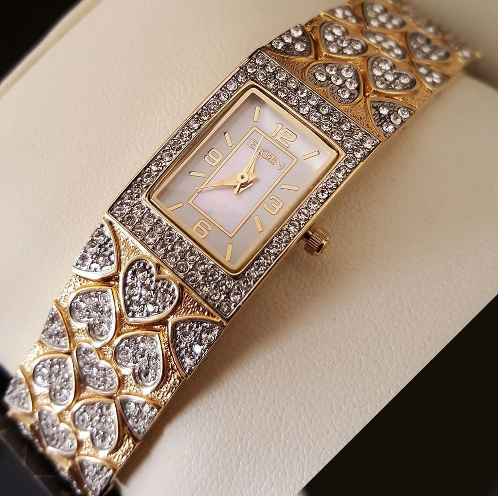 New Women Elgin Luxury Gold Tone Iced Out Stainless Steel Hearts Bracelet Watch eg8012s
