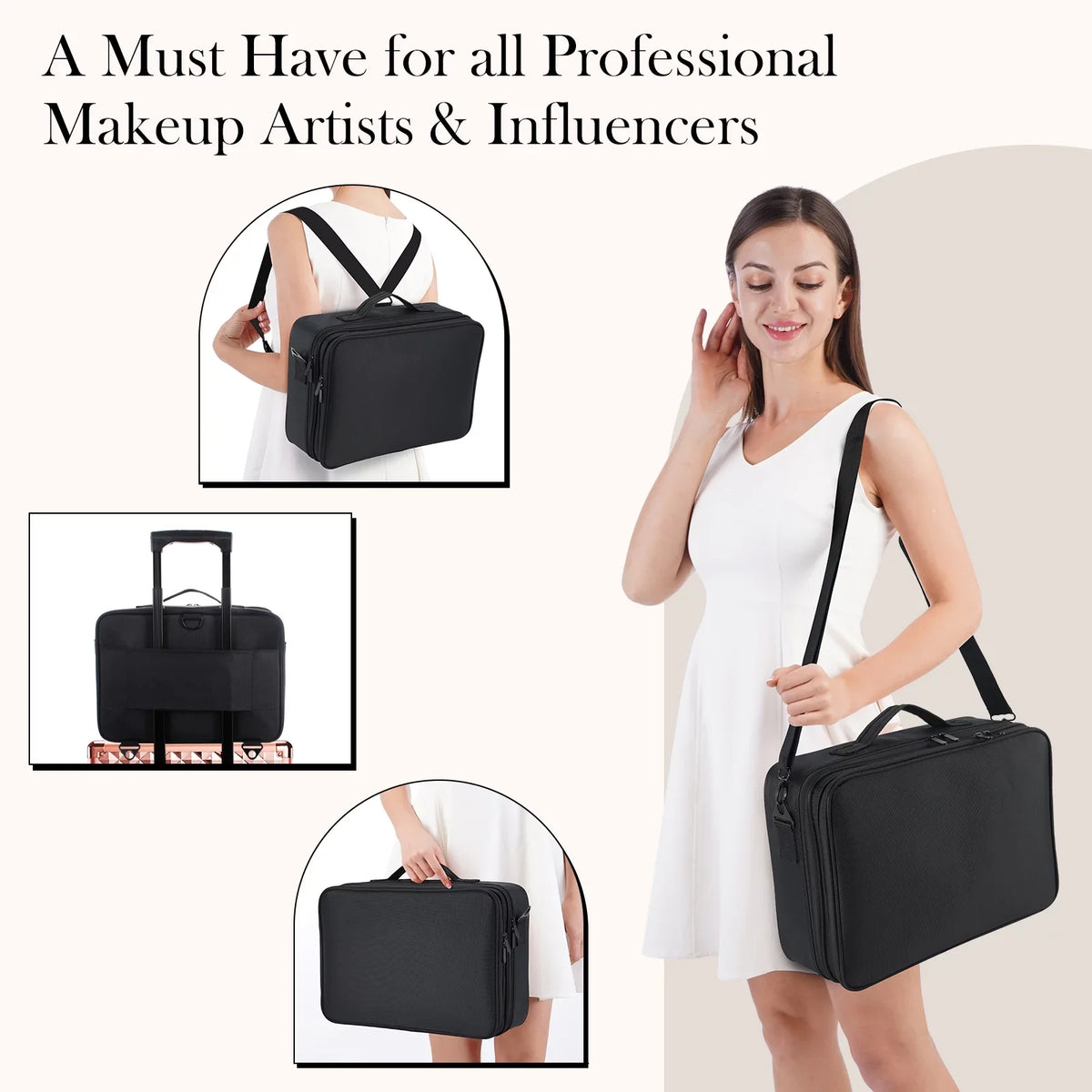 Extra Large Travel Makeup Bag Cosmetic Case Organizer Beauty Train Case with Shoulder Strap and Dividers Compartment, Dark
