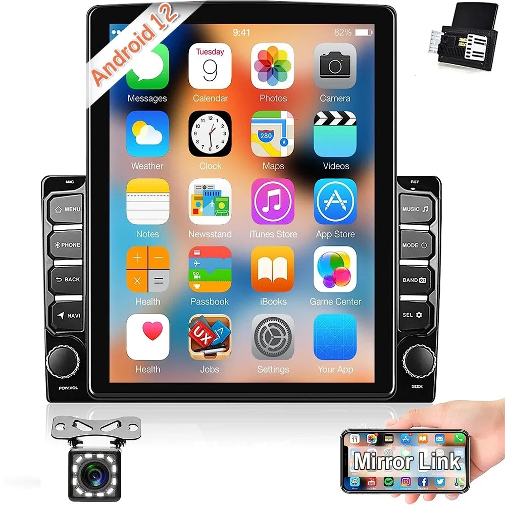 Podofo Double 2 Din 9.7 Centimeter Vertical Touch Screen Car Stereo Radio Android 12 Mirror Link GPS Navi Bluetooth Wifi GPS FM USB with Backup Camera