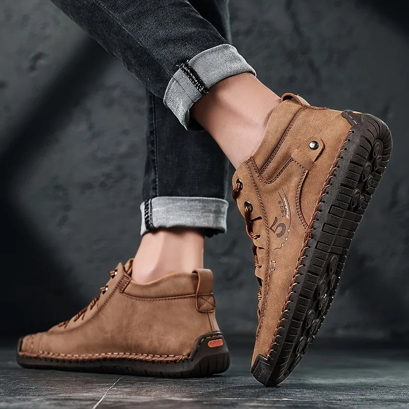 KINODAY Synthetic Leather Hand-stitching Ankle Boots Breathable Anti-slip Lace-up Walking Shoes For Outdoor Spring Summer And Autumn