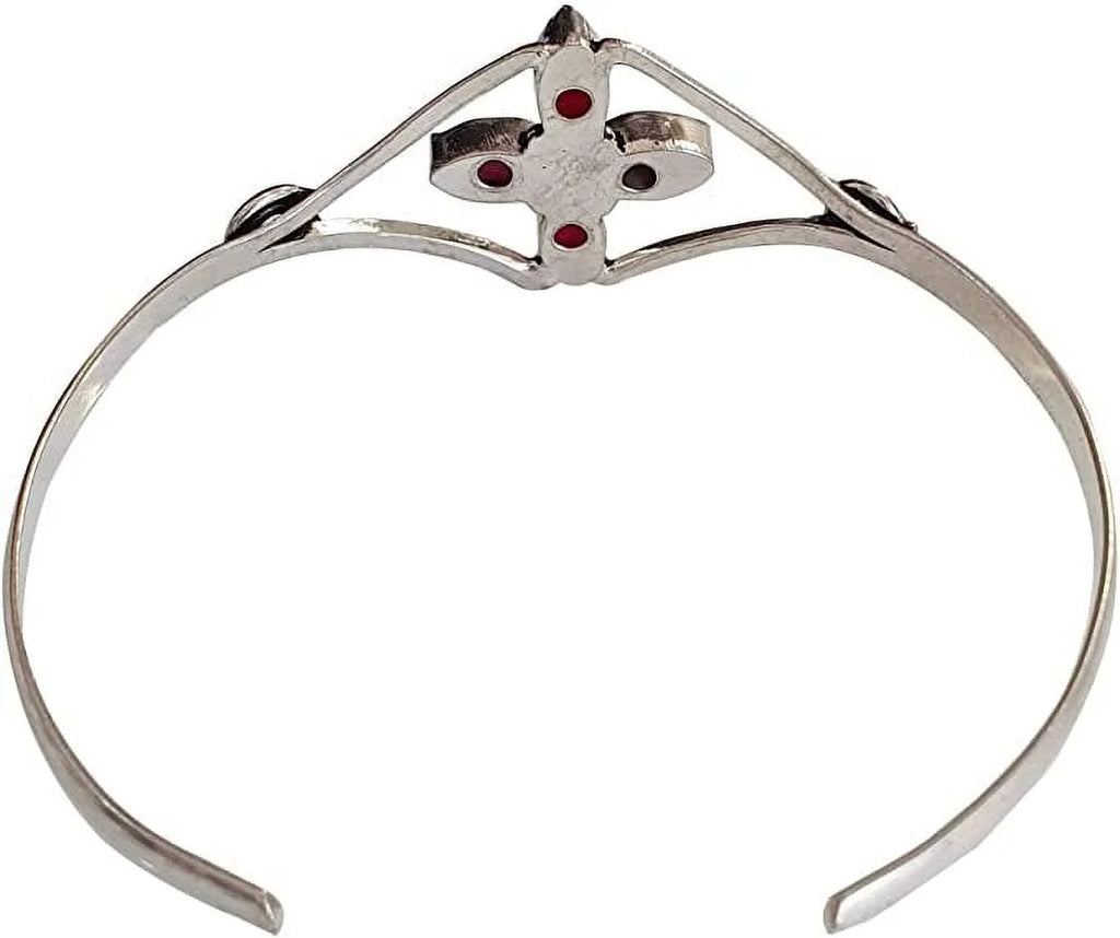 Silver Plated Cuff Bracelet for Women, Natural Red Ruby Gemstone Handmade Modern Designer Tribal Bohemian Design Fashion Bracelet, Party Boho Jewelry