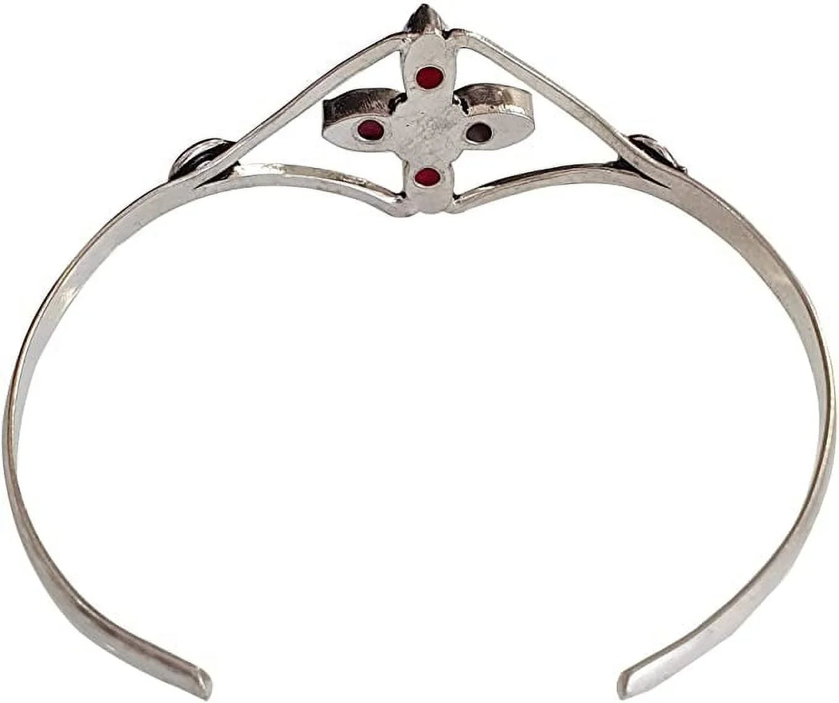 Silver Plated Cuff Bracelet for Women, Natural Red Ruby Gemstone Handmade Modern Designer Tribal Bohemian Design Fashion Bracelet, Party Boho Jewelry