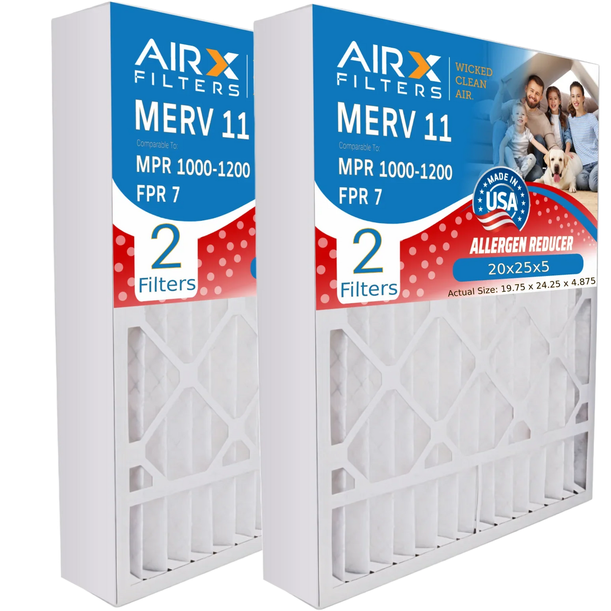 20x25x5 Air Filter MERV 11 Comparable to MPR 1000, MPR 1200 & FPR 7 Compatible with Field Controls # 46568600 Premium USA Made 20x25x5 Furnace Filter MERV 11 by AIRX FILTERS WICKED CLEAN AIR.
