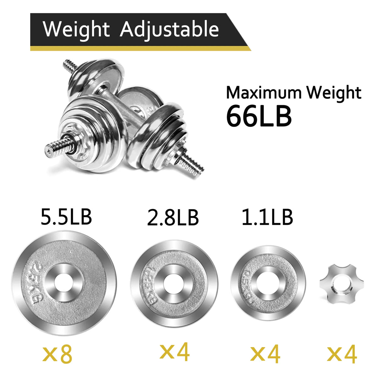 SAYFUT 66LB Dumbbell Weight Set Detachable Fitness Dumbbells Barbells Adjustable for Gym Household Exercise, Silver