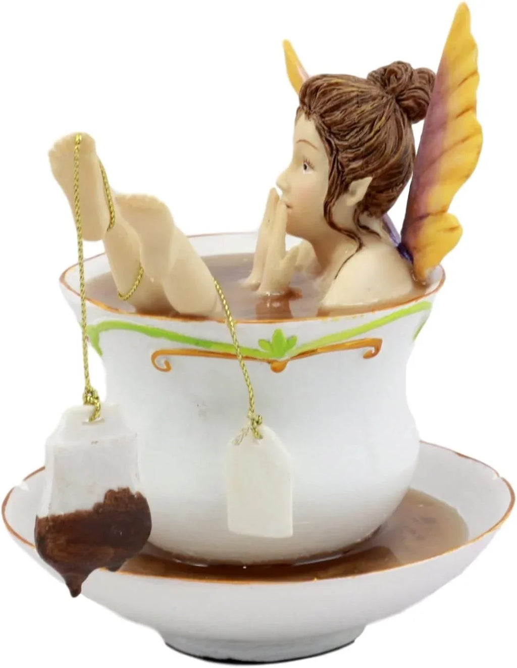 Ebros Magical Encounters Shocked Fairy Bathing In Tea Cup With Cracked Saucer Design Figurine 5" H Fantasy Collectible Tea Time Fairy With Tea Bag