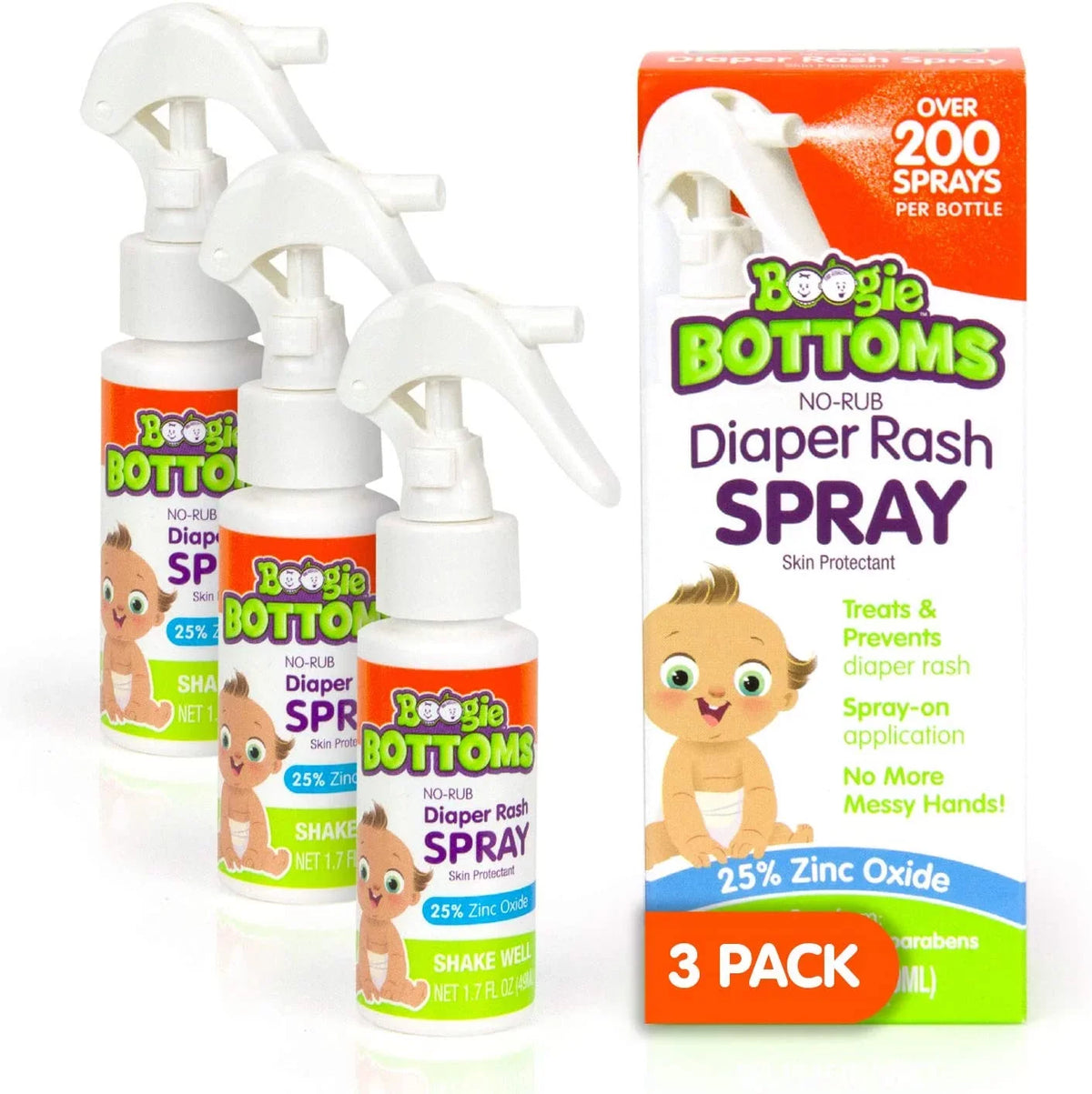 Baby Diaper Rash Cream Spray by Boogie Bottoms, No-Rub Touch Free Application for Sensitive Skin, Over 200 Sprays per Bottle, 1.7 oz, Pack of 3