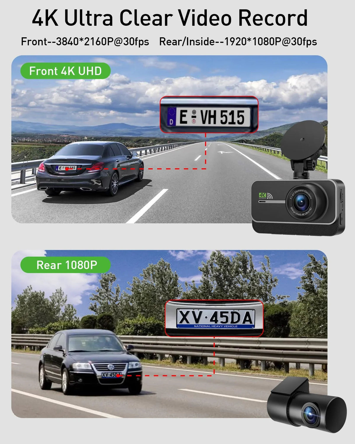 Advanced 4K+1080P WiFi dual dash cam, car front and rear dash cam, Inch IPS dual dash cam, night vision, 24 hours parking mode, loop recording, 170° wide angle, 64GB SD card included