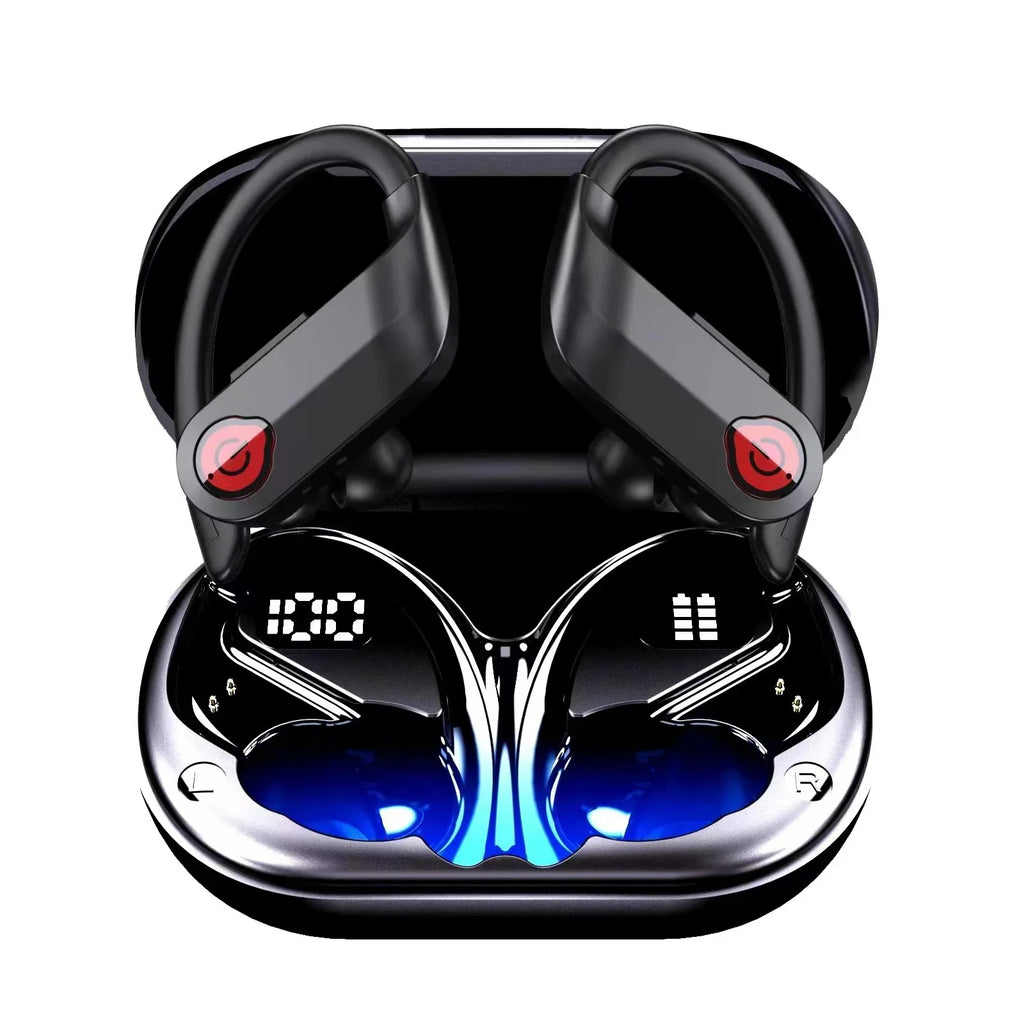 Bluetooth Headphones Wireless Earbuds 20hrs Playtime Charging Case Digital Display Sports Ear buds with Earhook Premium Deep Bass IPX7 Waterproof Over-Ear Earphones for TV Phone Laptop Midnight