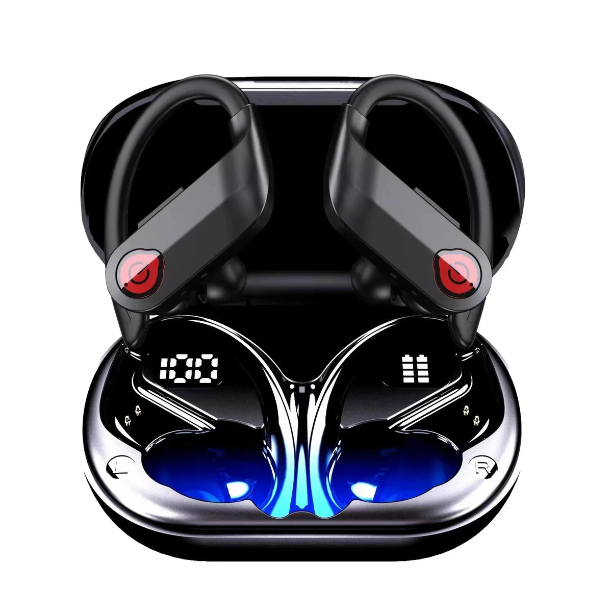 Bluetooth Headphones Wireless Earbuds 20hrs Playtime Charging Case Digital Display Sports Ear buds with Earhook Premium Deep Bass IPX7 Waterproof Over-Ear Earphones for TV Phone Laptop Midnight