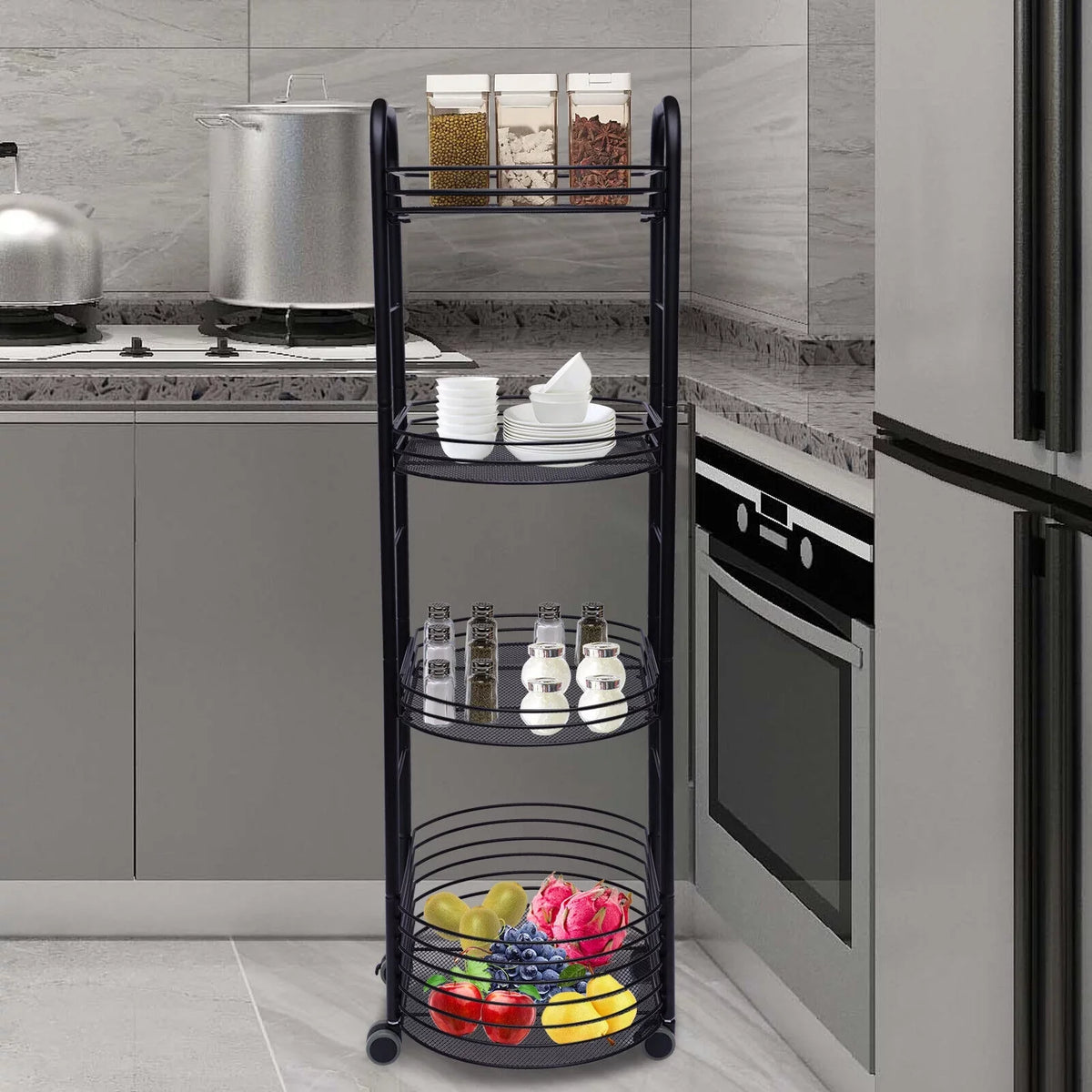 4 Tier Rolling Cart, Kitchen Storage Organizer Utility Cart, Metal Basket Storage Art Trolley Carts with Wheels, Dark