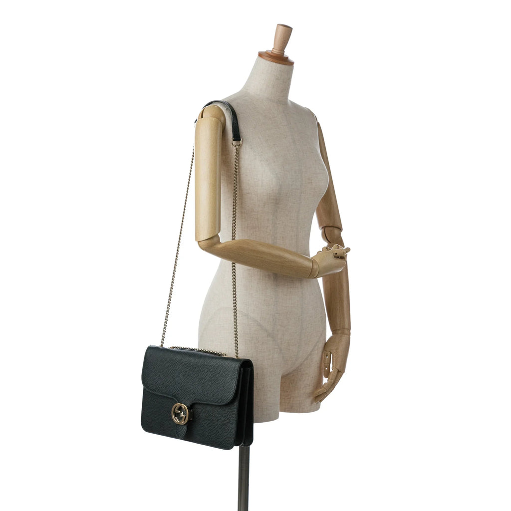 Pre-Owned Authenticated Gucci Medium Dollar Interlocking G Crossbody Bag Calf Leather Midnight Unisex (Good)