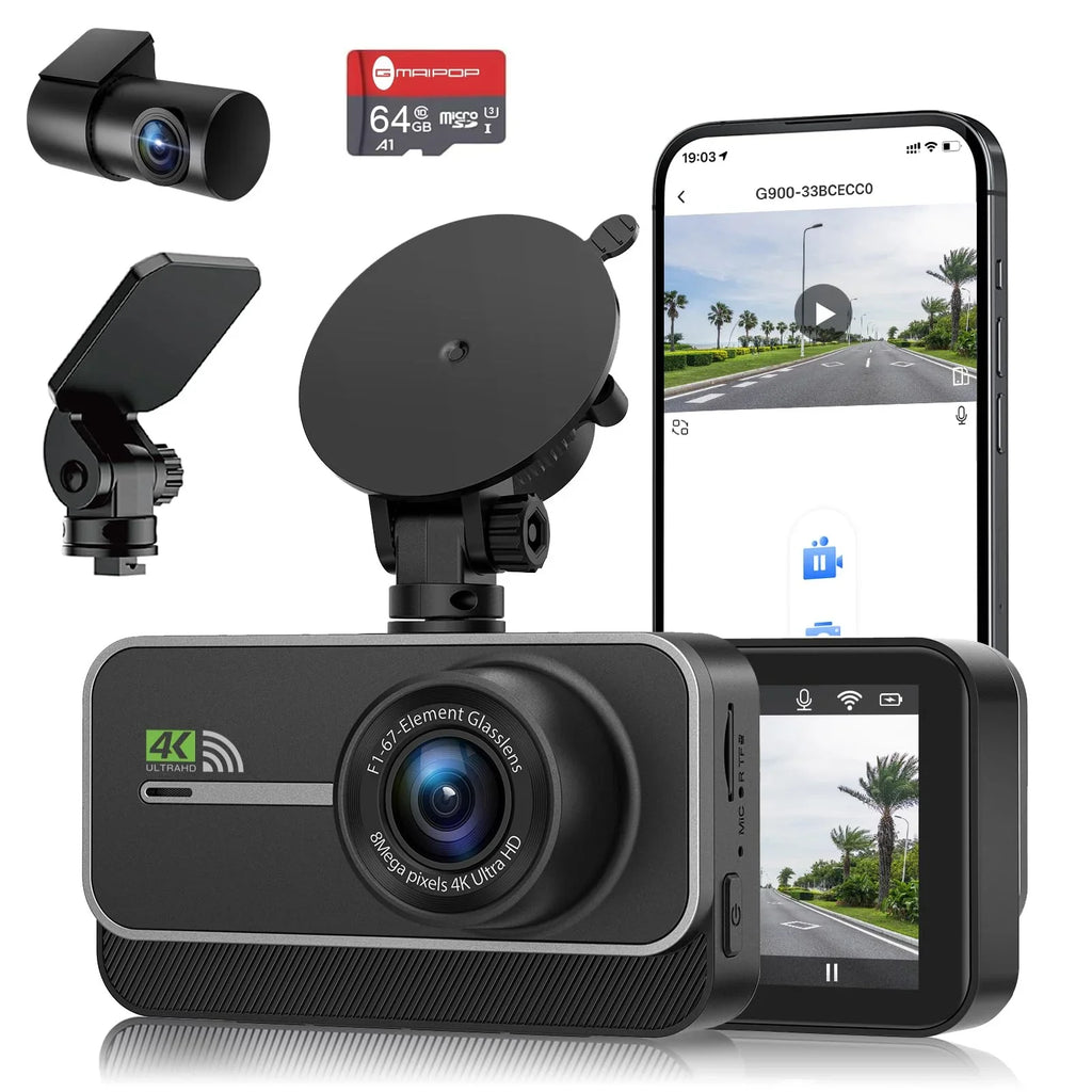 Advanced 4K+1080P WiFi dual dash cam, car front and rear dash cam, Inch IPS dual dash cam, night vision, 24 hours parking mode, loop recording, 170° wide angle, 64GB SD card included