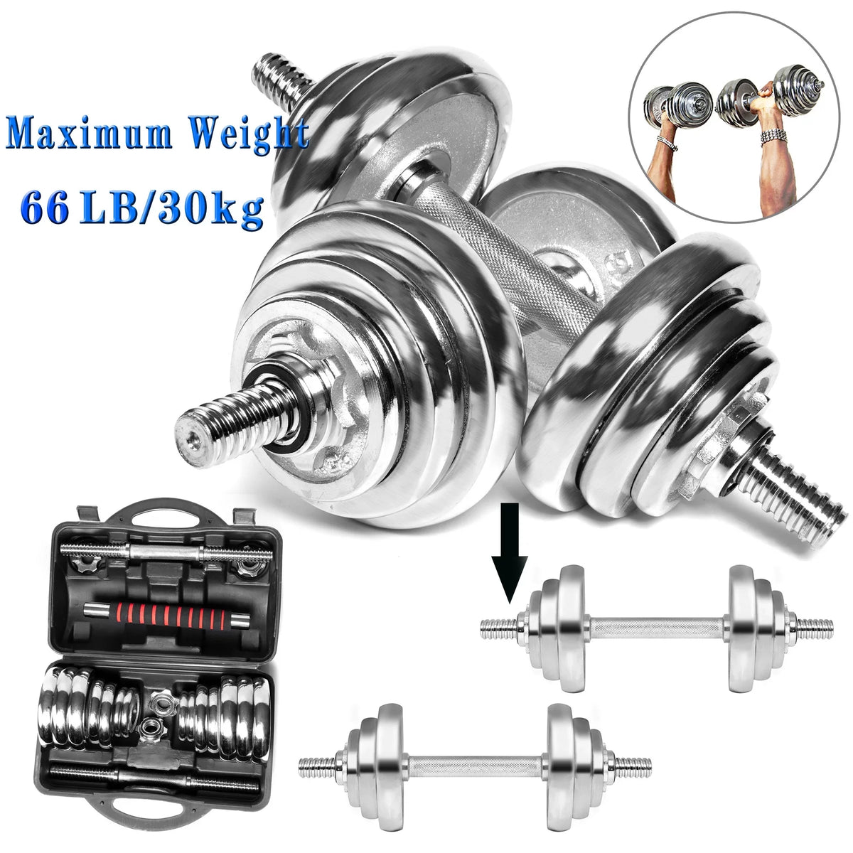 SAYFUT 66LB Dumbbell Weight Set Detachable Fitness Dumbbells Barbells Adjustable for Gym Household Exercise, Silver