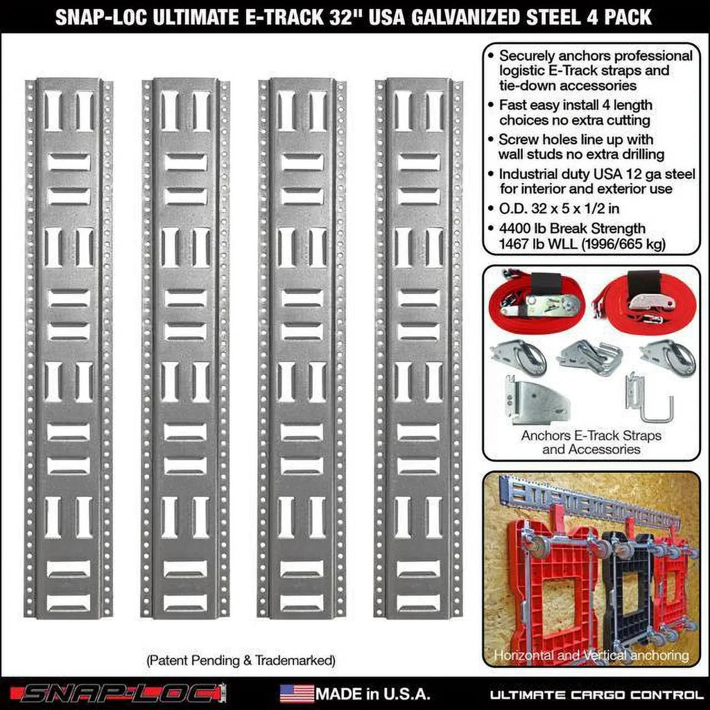 SNAP-LOC Fast-Track E-Track 32 Centimeter 4-Pack USA Galvanized Steel Horizontal Vertical, Logistic Tie-Down for Pickups, Trucks, Trailers