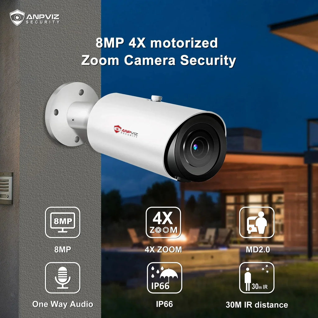 ANPVIZ 8MP Bullet Camera 4X Zoom Camera Support Human Vehicle Detection 30M IR Distance Built in Mic H.265 IP66