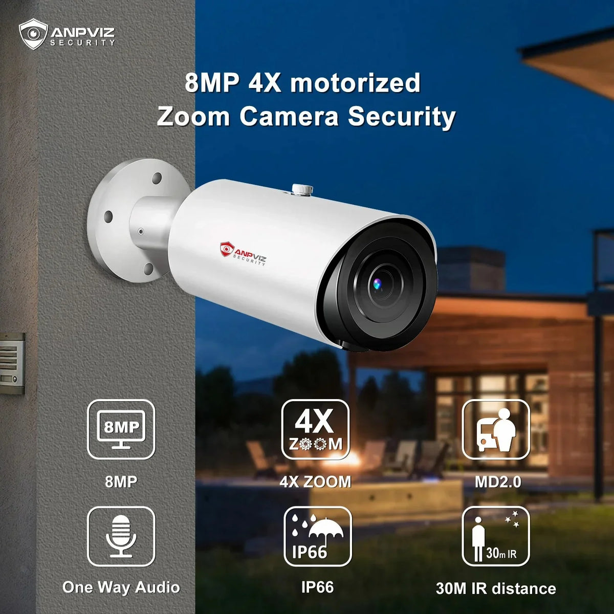ANPVIZ 8MP Bullet Camera 4X Zoom Camera Support Human Vehicle Detection 30M IR Distance Built in Mic H.265 IP66