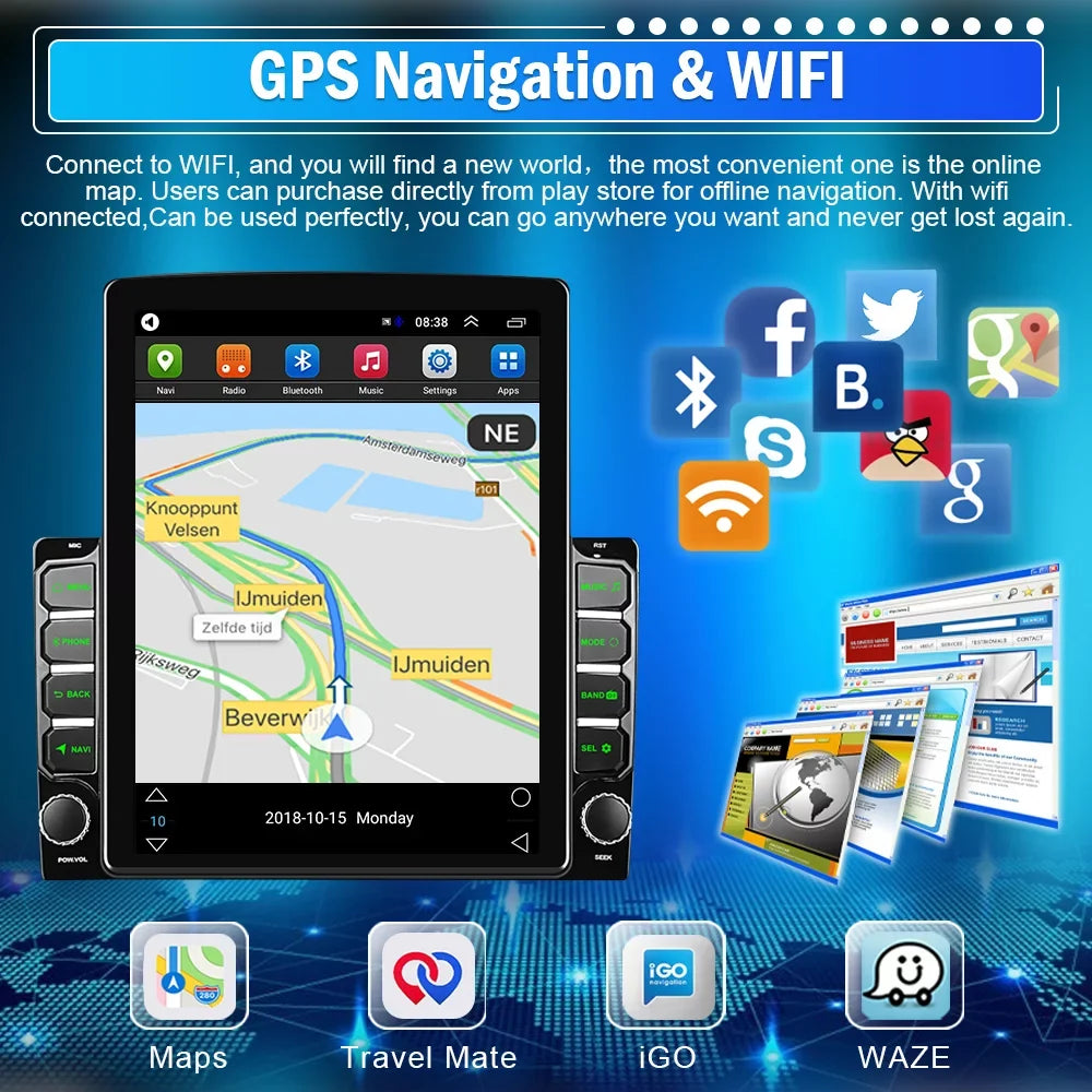 Podofo Double 2 Din 9.7 Centimeter Vertical Touch Screen Car Stereo Radio Android 12 Mirror Link GPS Navi Bluetooth Wifi GPS FM USB with Backup Camera