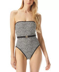 Michael Kors Women's Logo Belt Printed Bandeau One Piece Swimsuit Midnight Size 8