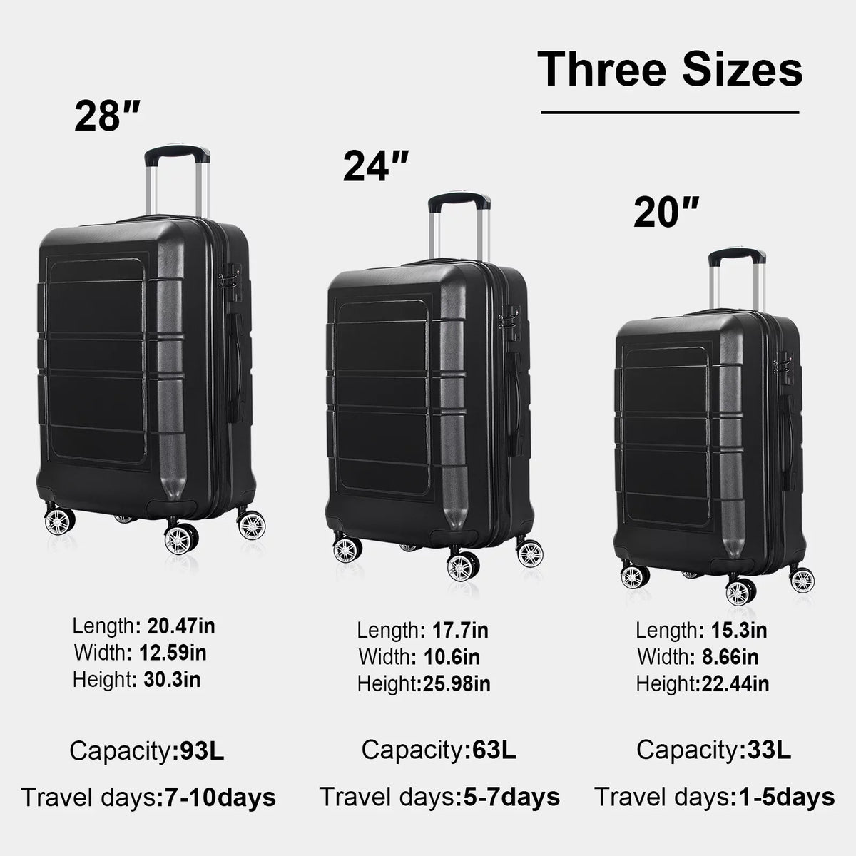 AEDILYS 3 Pcs Hardside Luggage Set, with TSA Lock and 20"/24"/28" Luggage Bags, Dark