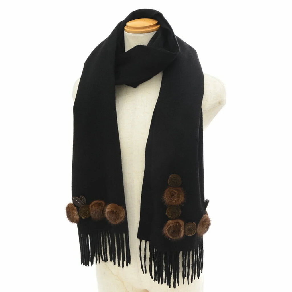 Pre-Owned Fendi Stole Scarf Flower Motif Midnight 100% Cashmere (Good)