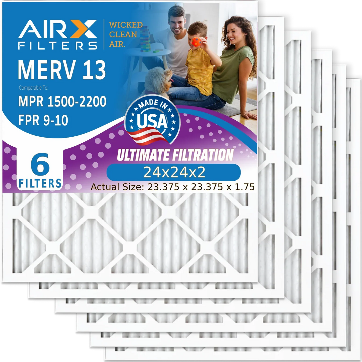 24x24x2 Air Filter MERV 13 Comparable to MPR 1500 - 2200 & FPR 9 Electrostatic Pleated Air Conditioner Filter 6 Pack HVAC AC Premium USA Made 24x24x2 Furnace Filters by AIRX FILTERS WICKED CLEAN AIR.