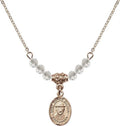Inch Hamilton Gold Plated Necklace with 4mm White April Birth Month Stone Beads and Saint Damien of Molokai Charm