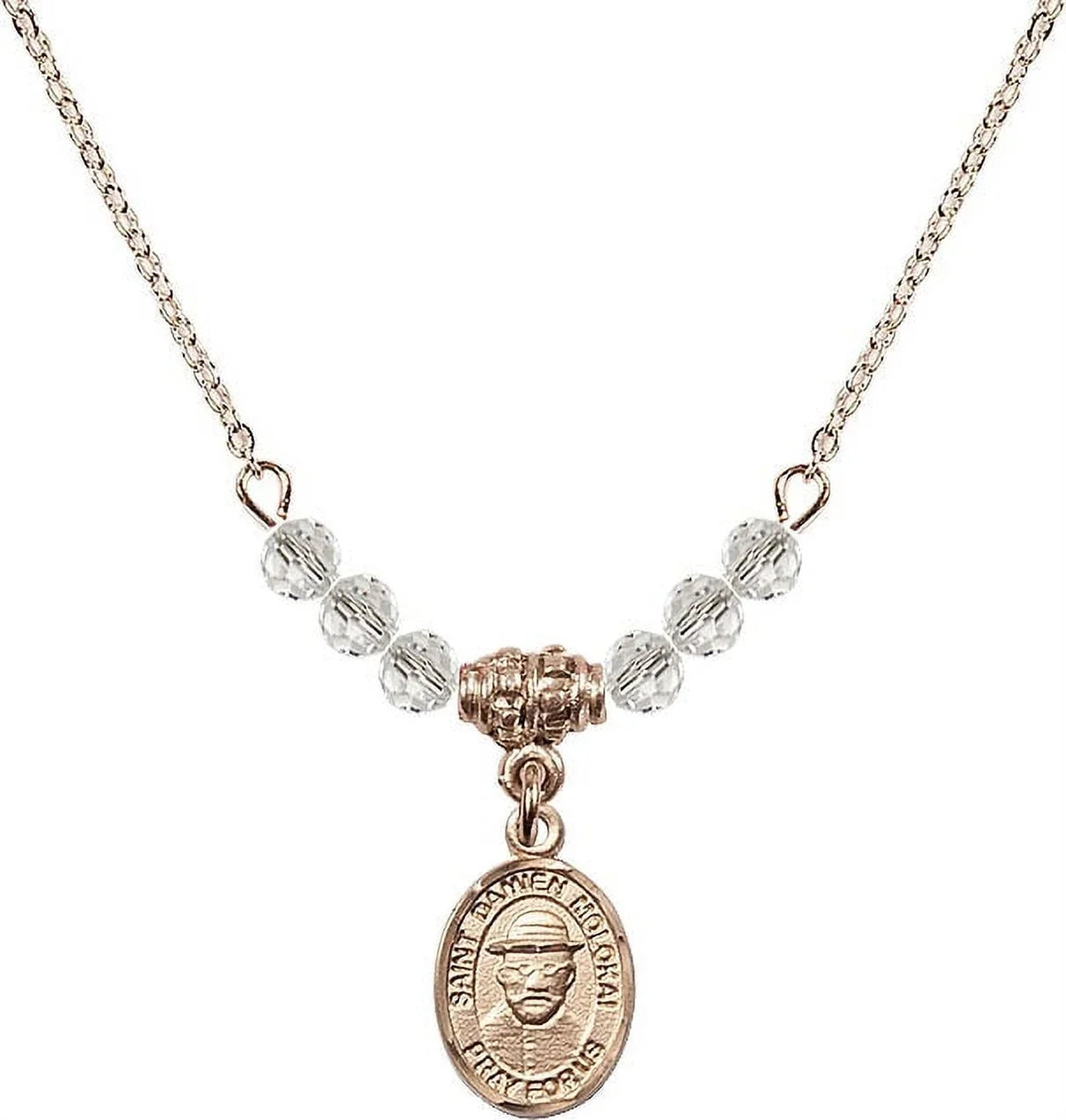 Inch Hamilton Gold Plated Necklace with 4mm White April Birth Month Stone Beads and Saint Damien of Molokai Charm