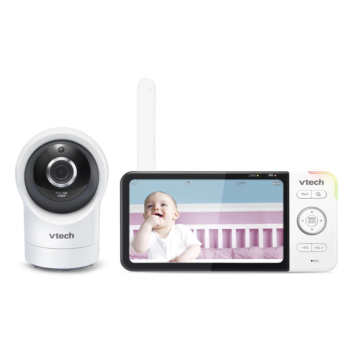 VTech Smart WiFi Video Baby Monitor with Unit High Definition Display and 1080p 360-Degree Panoramic Viewing Pan and Tilt HD Camera, RM5864HD, White
