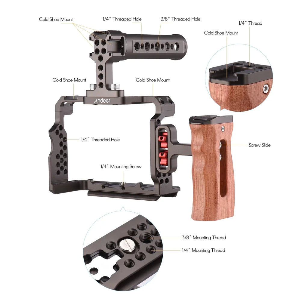 Walmeck Andoer Aluminum Alloy Cage Kit with Video Rig Handle Wooden Grip Replacement for Sony A7R III/ A7 II/ A7III