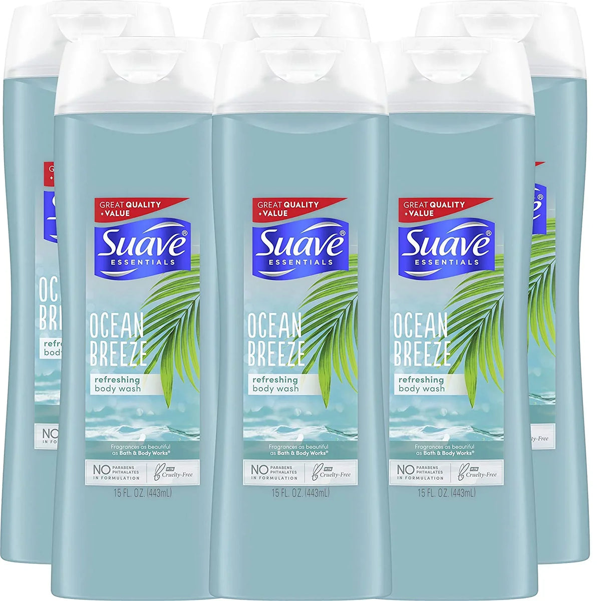 Pack of 6 Suave Essentials Body Wash For Hydrated, Smooth Skin Ocean Breeze with Sea Algae Extract and Vitamin E 15 oz,