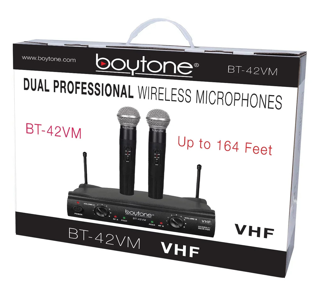 Boytone BT-42VM Dual Channel Wireless Microphone System - VHF Fixed Dual Frequency Wireless Mic Receiver, 2 Handheld Dynamic Transmitter Mics, for Karaoke, DJ, Church, Conference, Carrying Cases