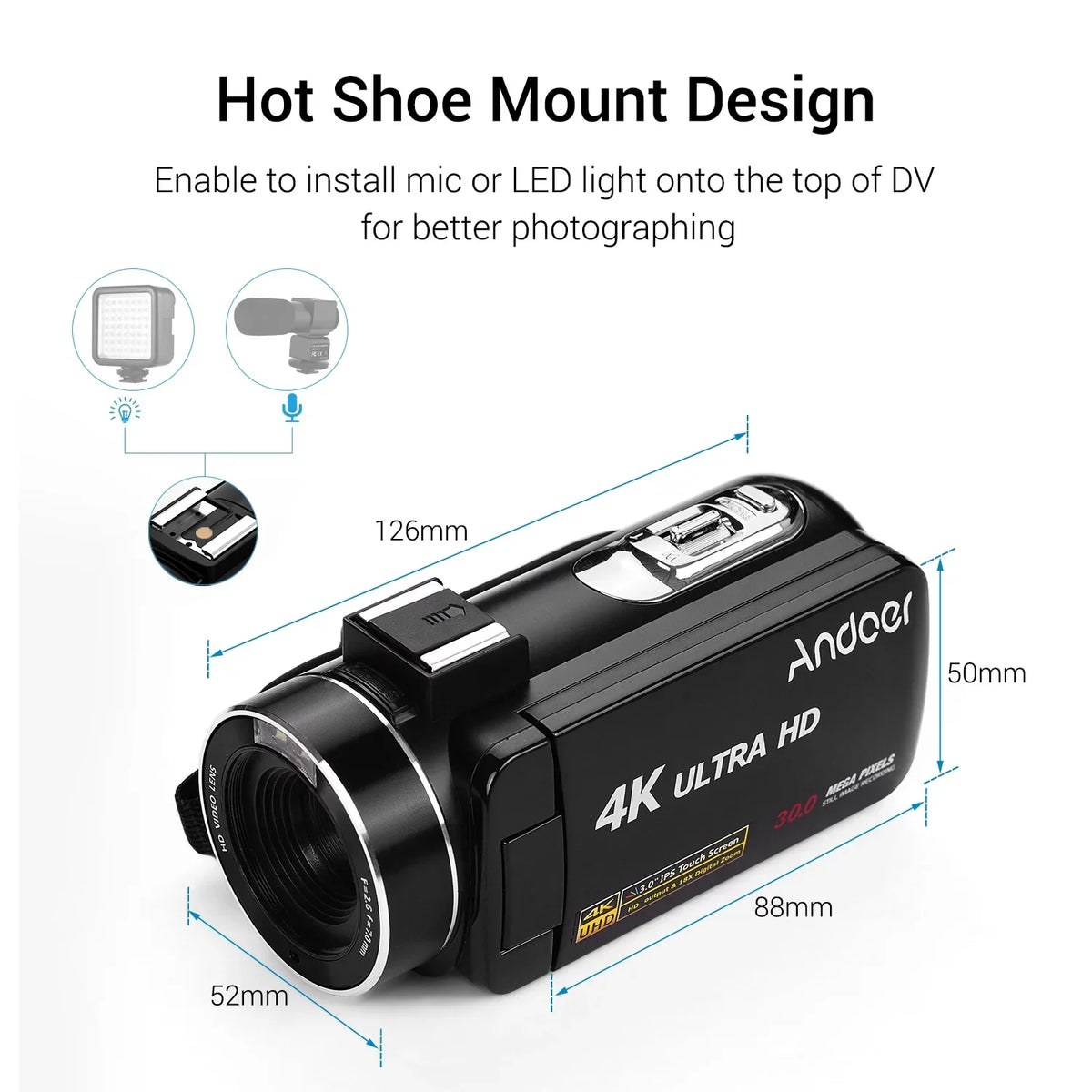 Andoer 4K Handheld DV Professional Digital Video CMOS Sensor Camcorder with Hot Shoe for Mounting Microphone 3.0 Inch IPS Monitor Burst -Shaking Function